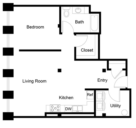 Floor plan for 1 bed, 1 bath, 850 sqft